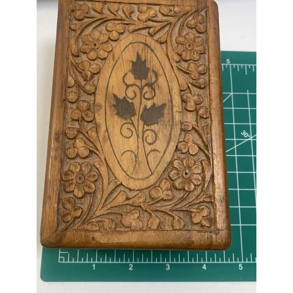 Vintage Hand Carved Wooden Trinket Box Floral Design India 6” Long